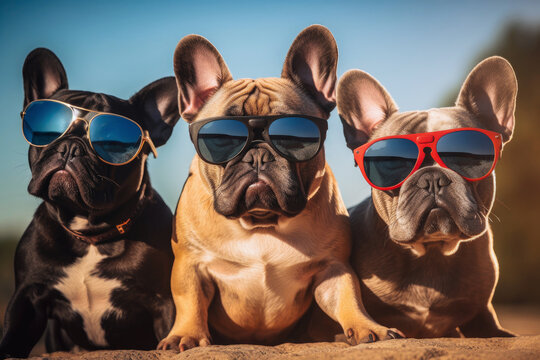 Cute French Buldogs Family in Sunglasses extreme closeup. Generative AI