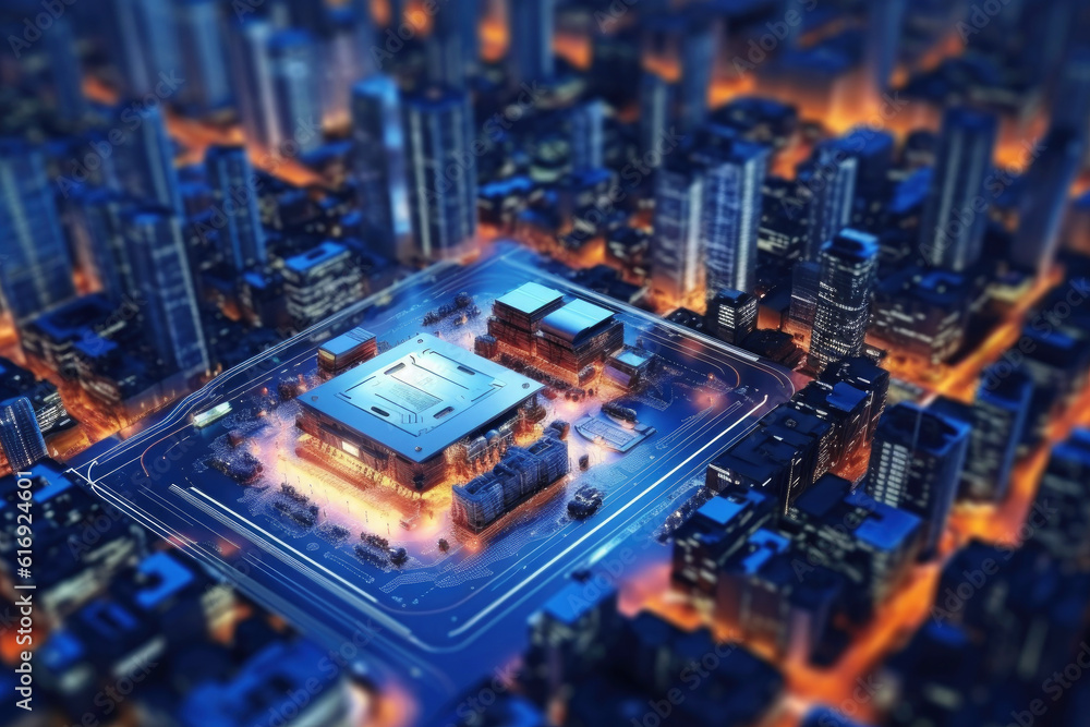 Poster Computer Motherboard With a CPU Processor in the Shape of an Abstract Digital City extreme closeup. Generative AI