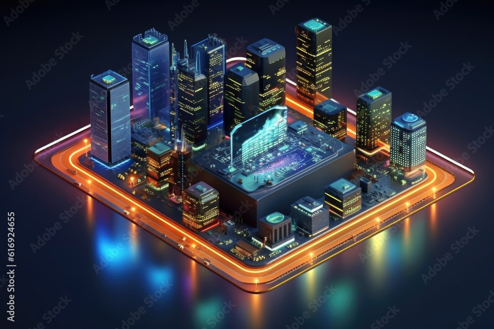 Poster Computer Motherboard With a CPU Processor in the Shape of an Abstract Digital City extreme closeup. Generative AI
