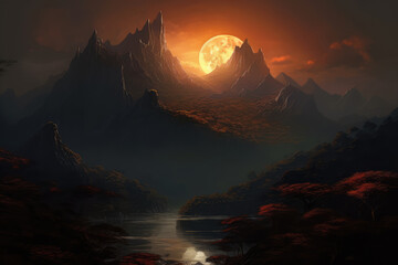 Large Mountain Dramatic Landscape on Sunset Background extreme closeup. Generative AI