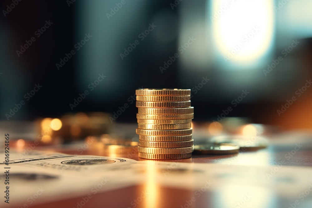 Poster stack of coins on the table. personal finance concept. generated by AI.
