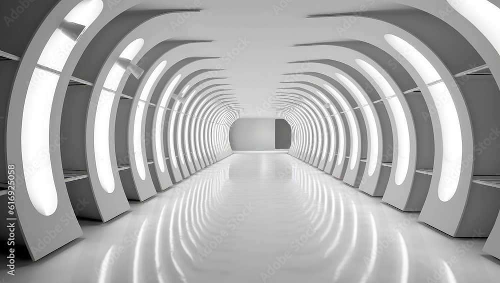 Poster Futuristic Empty White Tunnel with a Light from the End extreme closeup. Generative ai