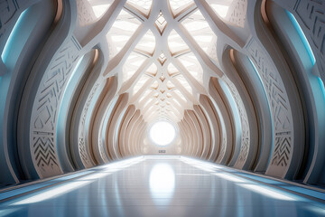 Futuristic Islamic Inspired Space Hall Interior extreme closeup. Generative AI