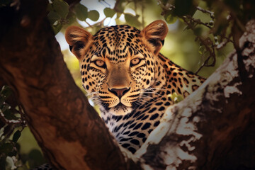 Beautiful Leopard Rest on a Tree Branch extreme closeup. Generative AI
