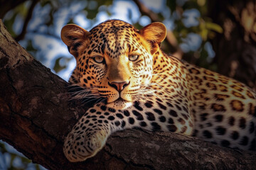 Fototapeta premium Beautiful Leopard Rest on a Tree Branch extreme closeup. Generative AI