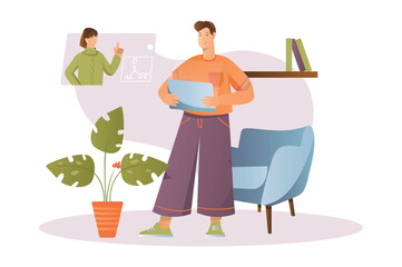 Distance learning concept with people scene in the flat cartoon design. The boy watches a video with the teacher's explanations. Vector illustration.