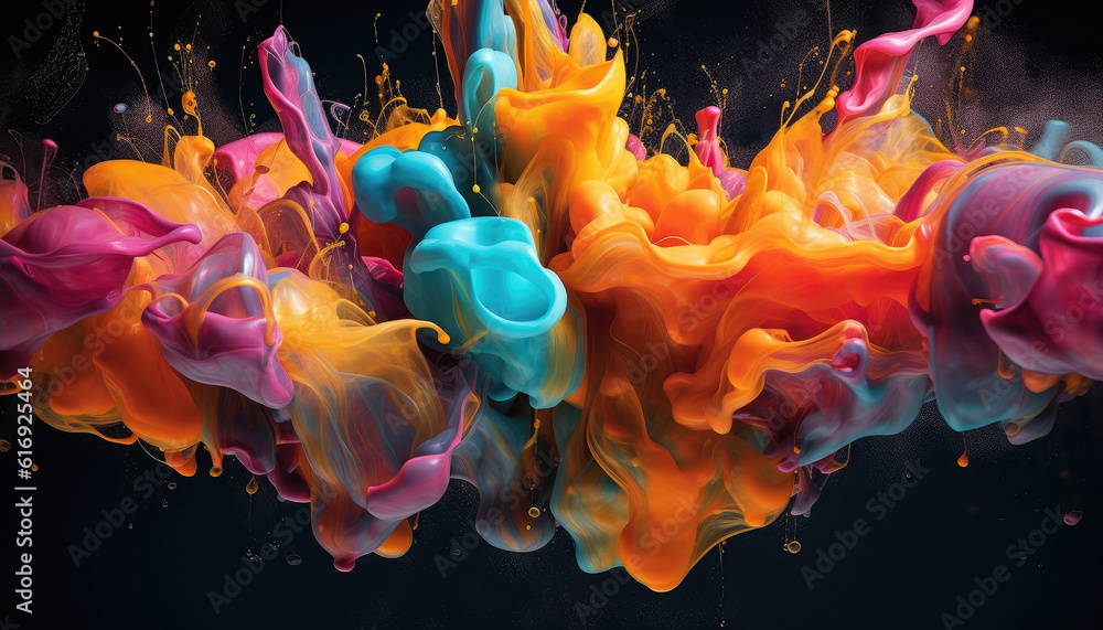 Poster abstract color paint splash drops in water on a black background. generative ai