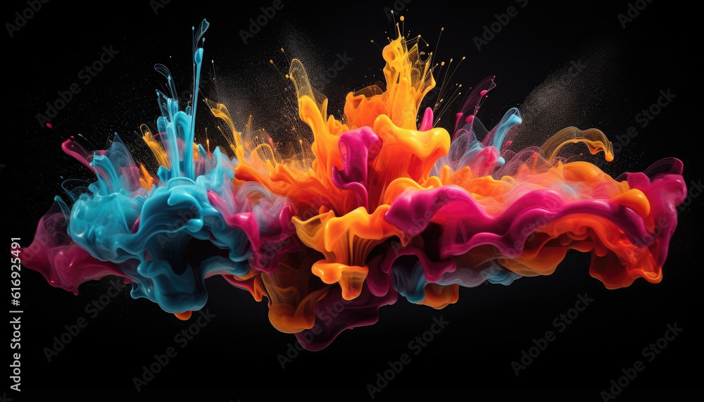 Poster abstract color paint splash drops in water on a black background. generative ai