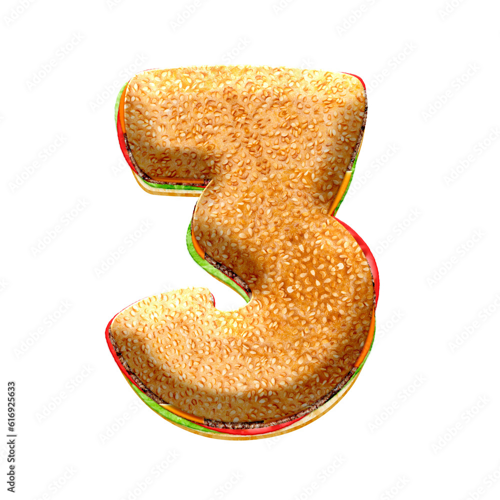 Poster burger 3d alphabet numbers from 0 to 9. this is a part of a set which also includes letters, punctua