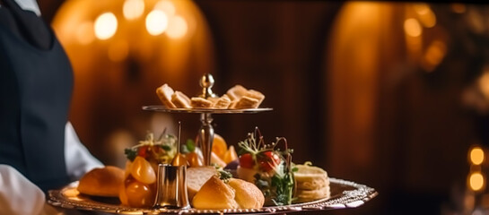 Luxury food service, appetisers and desserts served at a restaurant or formal dinner event in classic English style in the luxurious hotel or country estate, generative ai