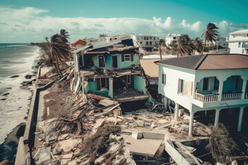 Collapsed Walls of Houses and Damaged Roofs Due to the Strongest Storm and Hurricane extreme closeup. Generative AI