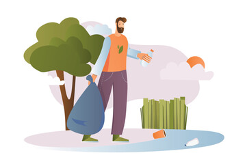 Fototapeta premium People collecting garbage concept with people scene in the flat cartoon design. People pick up trash to keep the streets clean. Vector illustration.