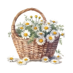 Fototapeta na wymiar Watercolor illustration of a wicker basket with field daisies