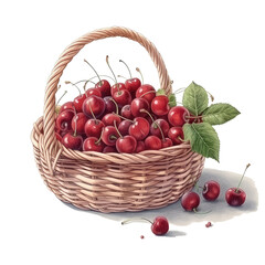 Fototapeta na wymiar Watercolor illustration of a wicker basket with cherries