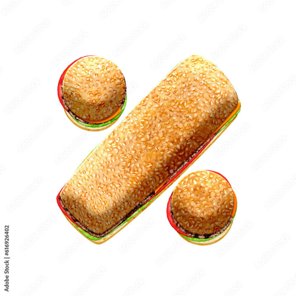 Poster burger 3d percent symbol. this is a part of a set which also includes letters, numbers, and shapes. 