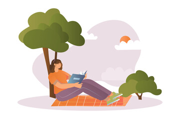 Obraz na płótnie Canvas People reading books concept with people scene in the flat cartoon style. A girl reads a book on a picnic. Vector illustration.