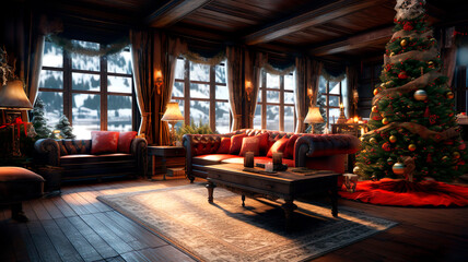 Fototapeta na wymiar decorated living room interior for Christmas, ai generated