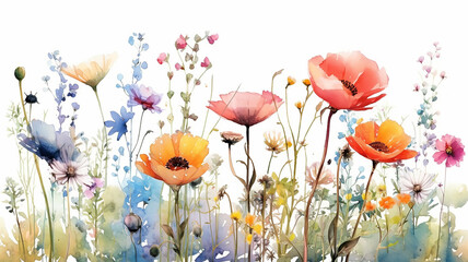 multicolored wildflowers watercolor field drawing summer. generative ai - obrazy, fototapety, plakaty