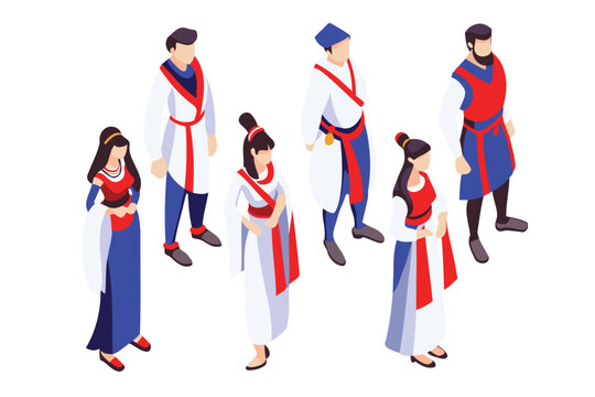 Hero standing warrior and princess heroic figures. Isometric characters illustration in flat style.