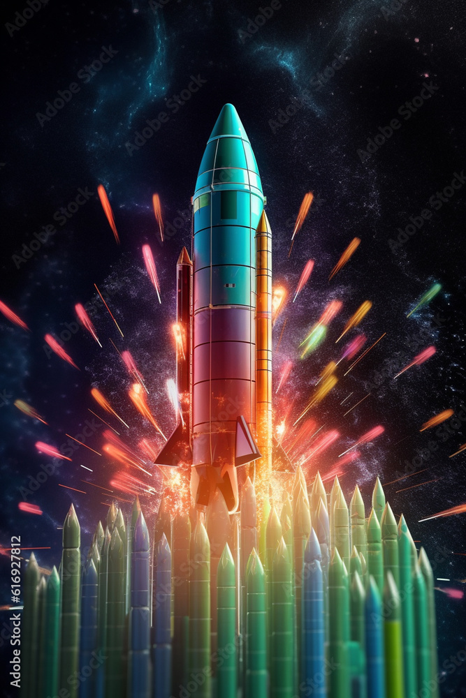 Poster a conceptual illustration of stock market chart lines transforming into a rocket, representing the p
