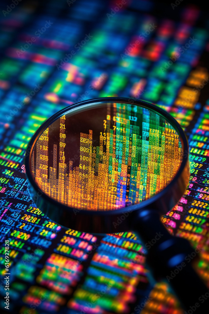 Poster a composite image of a magnifying glass zooming in on specific areas of a stock market chart, highli
