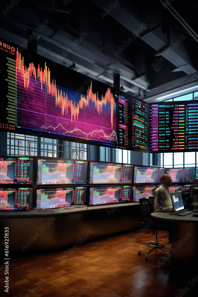 Poster  A panoramic image of a large stock market chart displayed on a digital screen in a trading room, showcasing the scale and volume of financial data.  Generative AI technology.