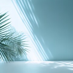 Fototapeta na wymiar Blurred shadow from palm leaves on a light blue wall. Minimal abstract background. Generative AI