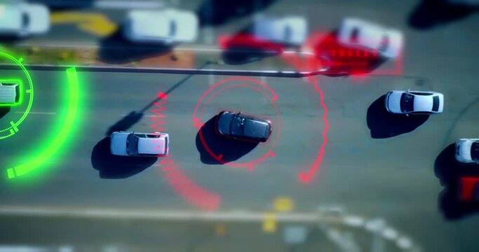 Hud, surveillance and gps with car on highway from top view for cyber security system, future and technology. Network, safety and radar with vehicle ai tracker in city for digital and database