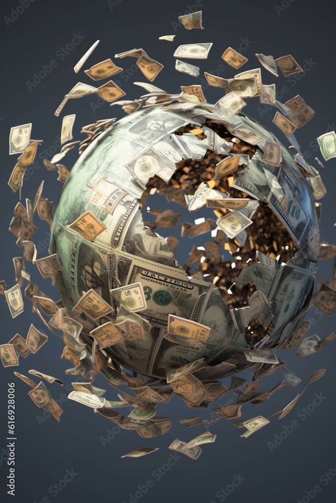 Poster a composite image of a falling dollar symbol superimposed on a globe, emphasizing the global implica
