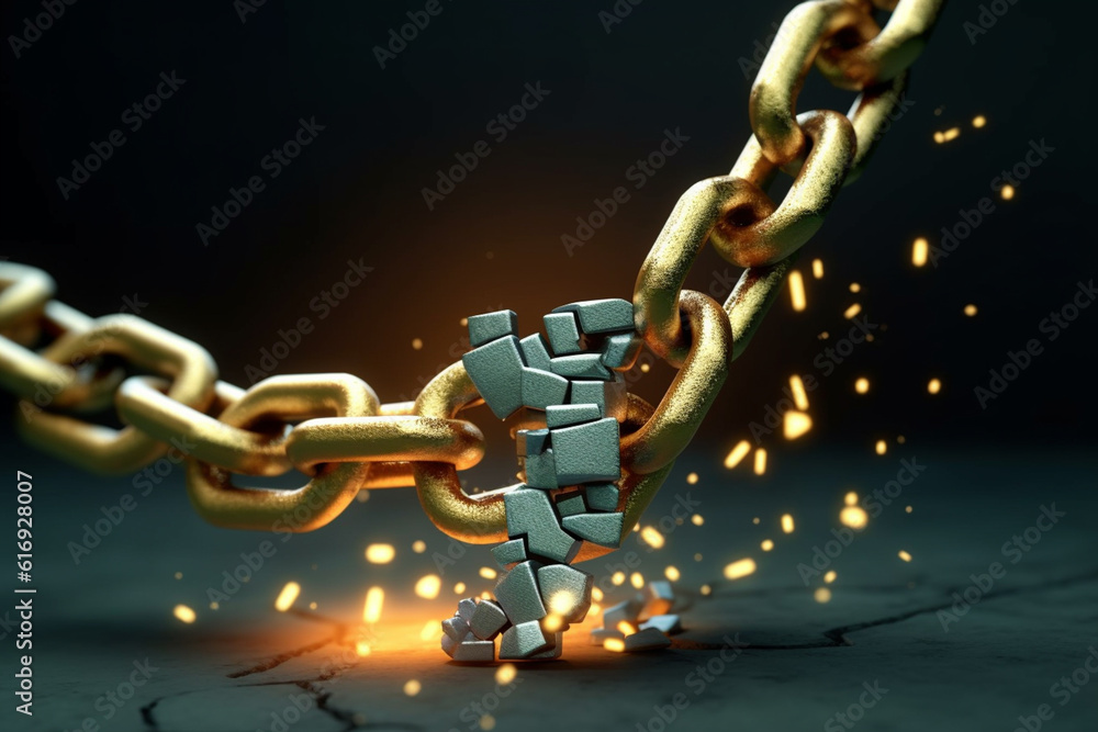 Poster A digital artwork of a broken chain with a falling dollar sign, depicting the breaking of financial bonds and economic uncertainties.  Generative AI technology.