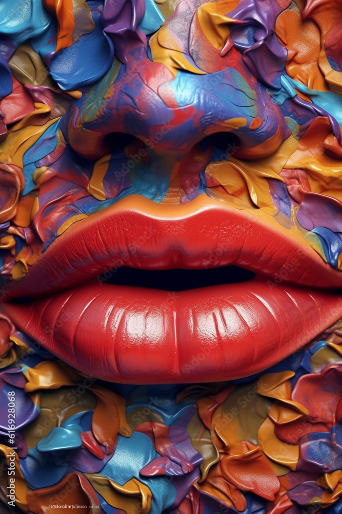 Poster  An artistic representation of abstract lips created using mixed media techniques, combining elements of painting, drawing, and collage. Generative AI technology.