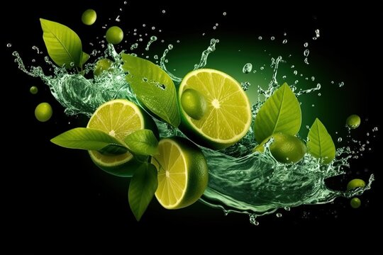 Water splash on color background with lime slices, mint leaves, and ice cubes as a concept for summertime. Generative AI