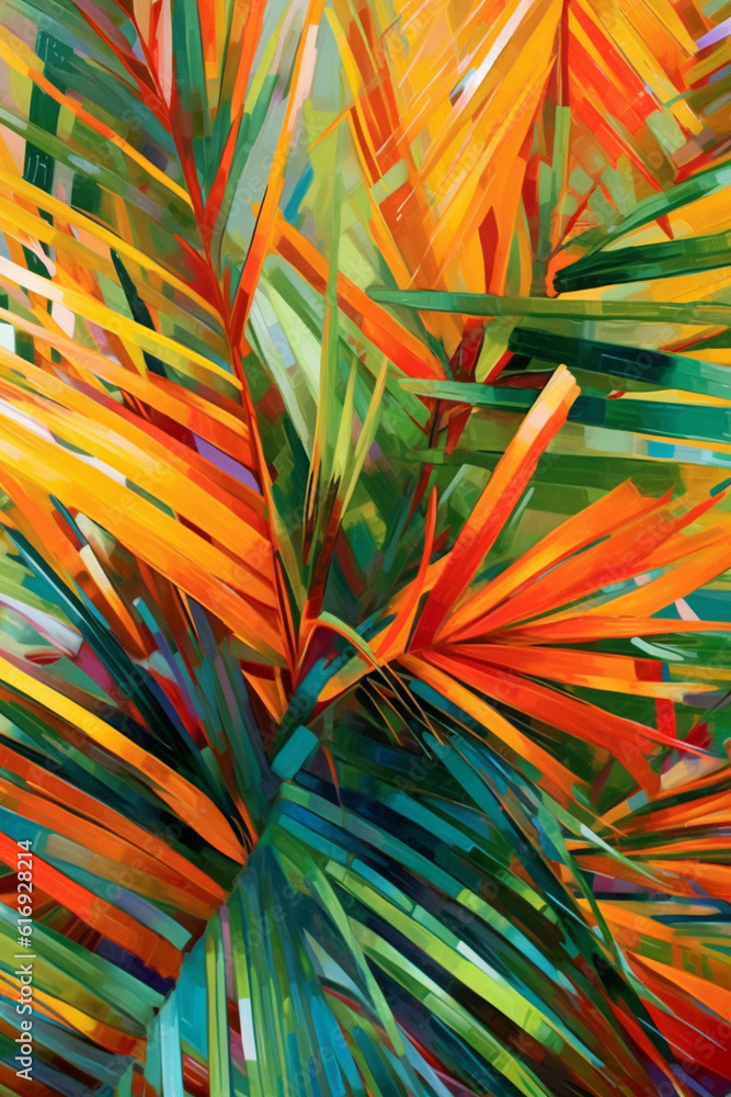 Leinwandbilder an abstract painting of palm branches using expressive brushstrokes and a vibrant color scheme, capt
