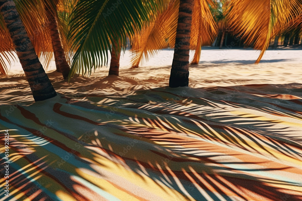 Aufkleber An abstract photograph of palm tree shadows cast on a sandy beach, capturing the interplay between light and dark and creating a sense of tranquility.  Generative AI technology.