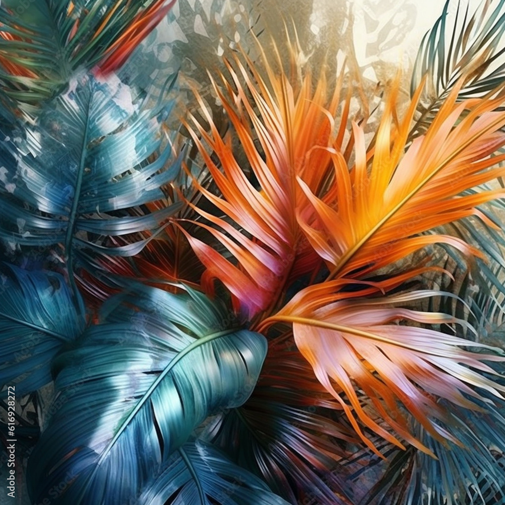 Aufkleber a mixed media artwork of abstract palm branches combined with botanical illustrations or pressed flo