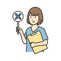 カルテとバツの札を持つ看護師の女性のイラスト