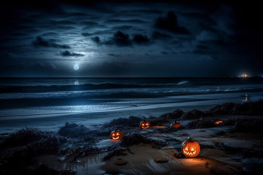Midnight Halloween beach, Halloween pumpkins on the beach at night, Generative AI