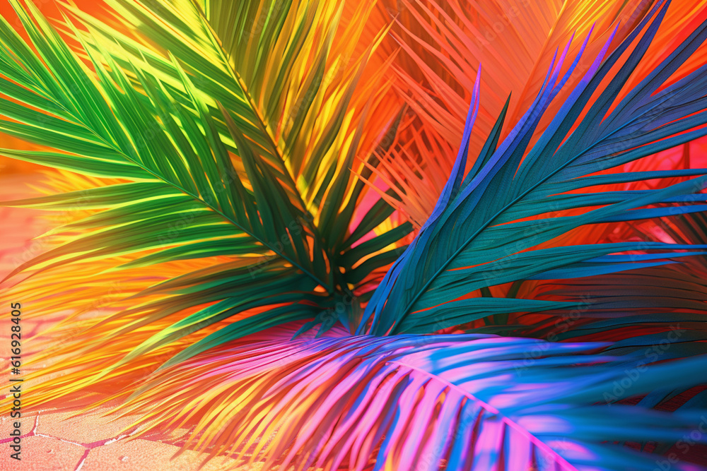 Poster a digital composition of abstract palm shadows cast on a colorful background, playing with light and