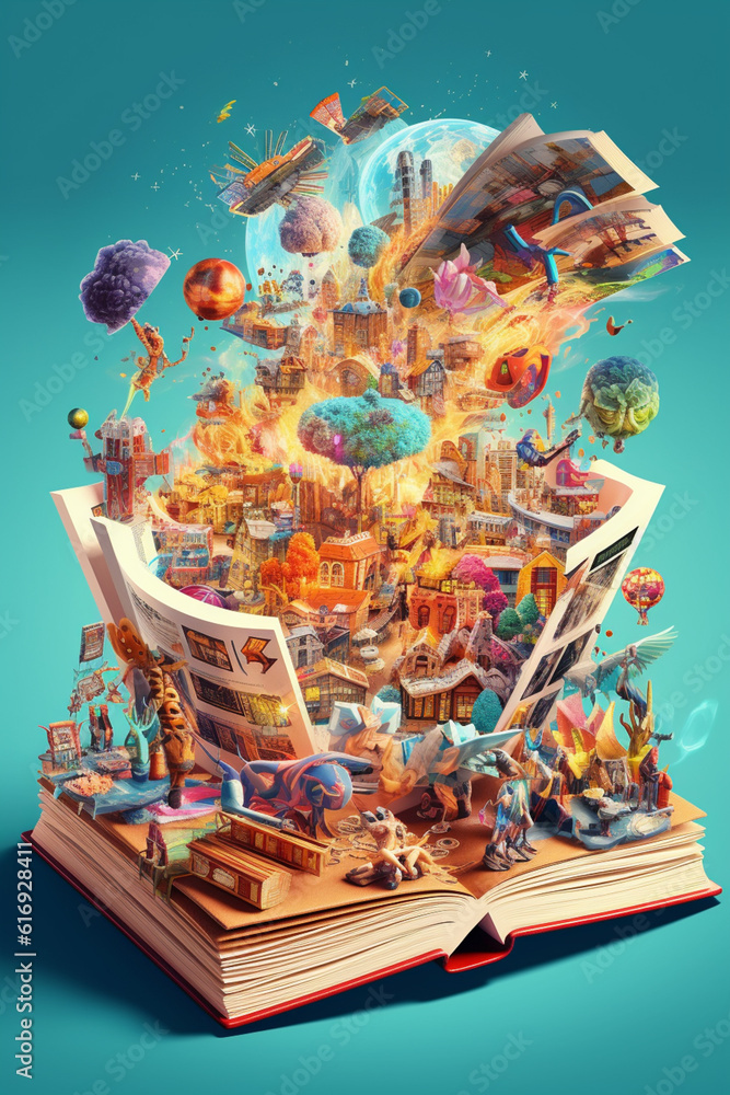 Fototapete an illustration of an open book with pages filled with vibrant illustrations and symbols, signifying