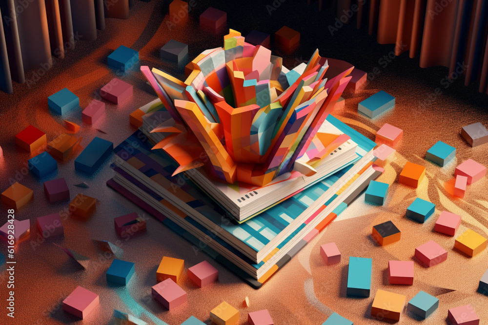Fototapete an abstract illustration of a book with colorful geometric shapes and patterns emerging from its pag