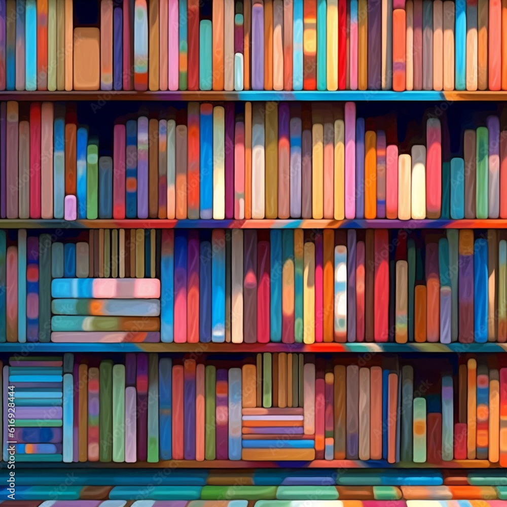 Leinwandbilder an abstract painting of a bookshelf with books depicted as colorful, abstract shapes, showcasing the