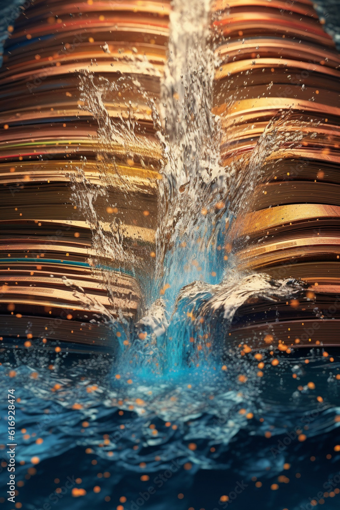 Poster a digital composition of a book with pages composed of flowing water or waves, symbolizing the conti