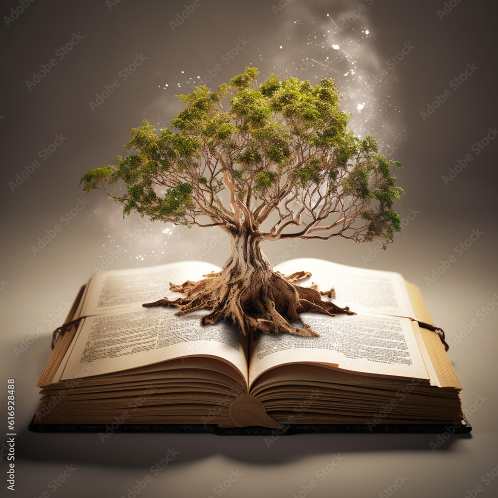 Leinwandbilder a conceptual image of a book morphing into a tree with roots spreading out, representing how knowled
