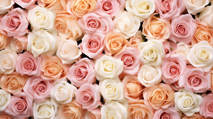 Different color of roses full background top view lay flat created with Generative AI