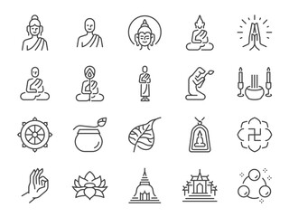 Buddhism icon set. It included monk, Buddha, Buddhist, temple, and more icons. Editable Vector Stroke.
