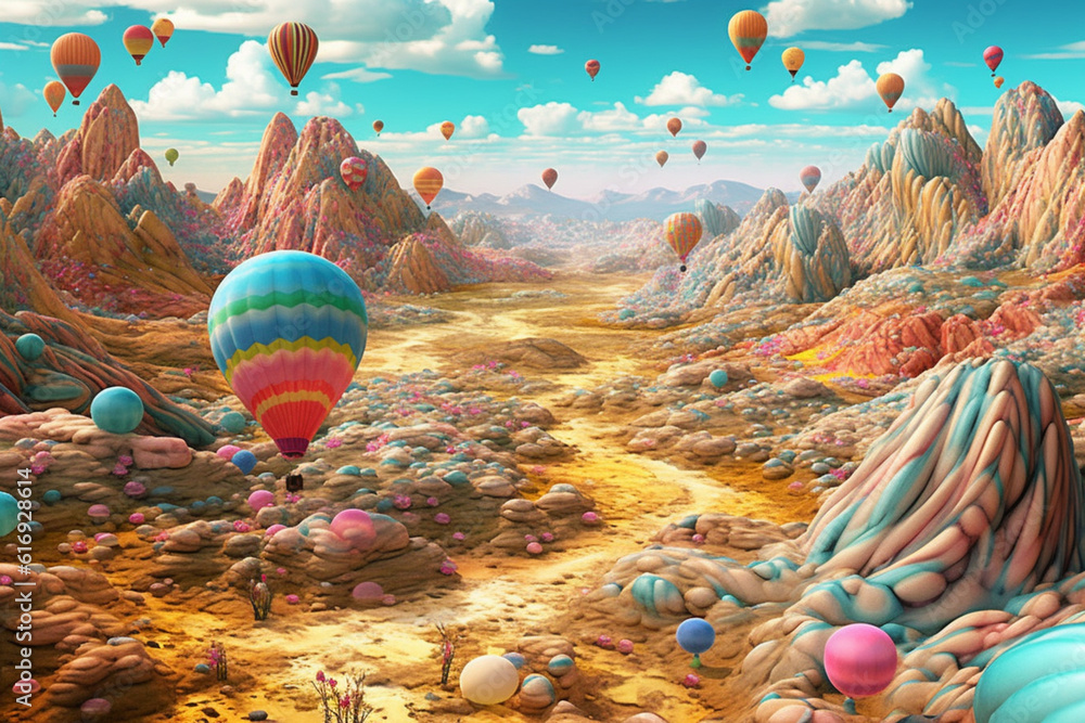 Poster an illustration of abstract balloons drifting across a dreamlike landscape, with swirling patterns a
