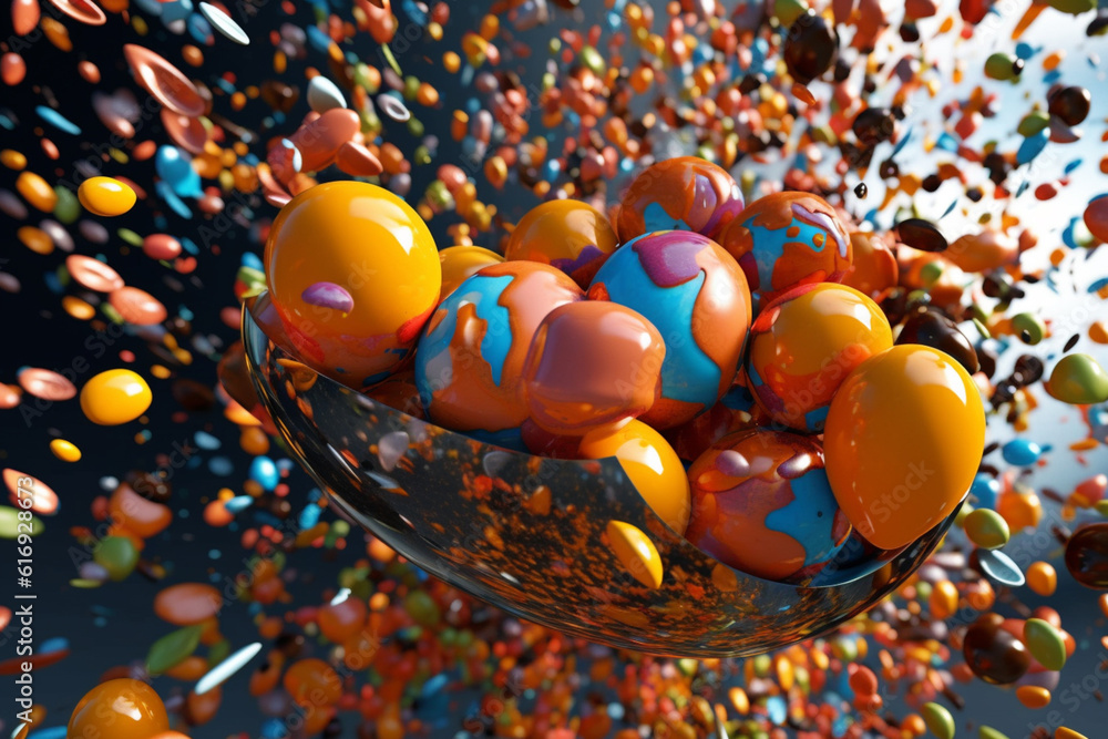 Leinwandbilder a digital composition of abstract balloons bursting into a shower of colorful confetti, conveying a 