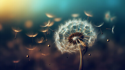 Beautiful puffy dandelion and flying seeds against blue sky on sunny day created with Generative AI