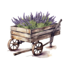 Watercolor illustration of wooden cart with lavender