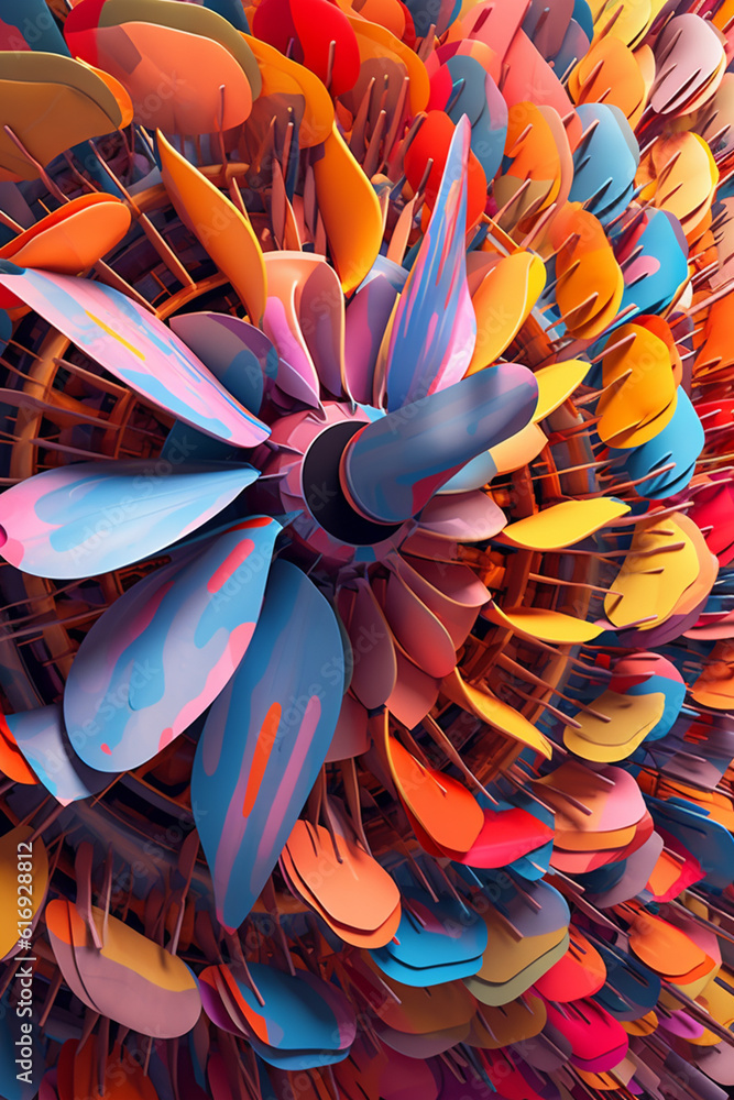 Poster a digital artwork featuring abstract airplanes arranged in a spiral or circular formation, creating 